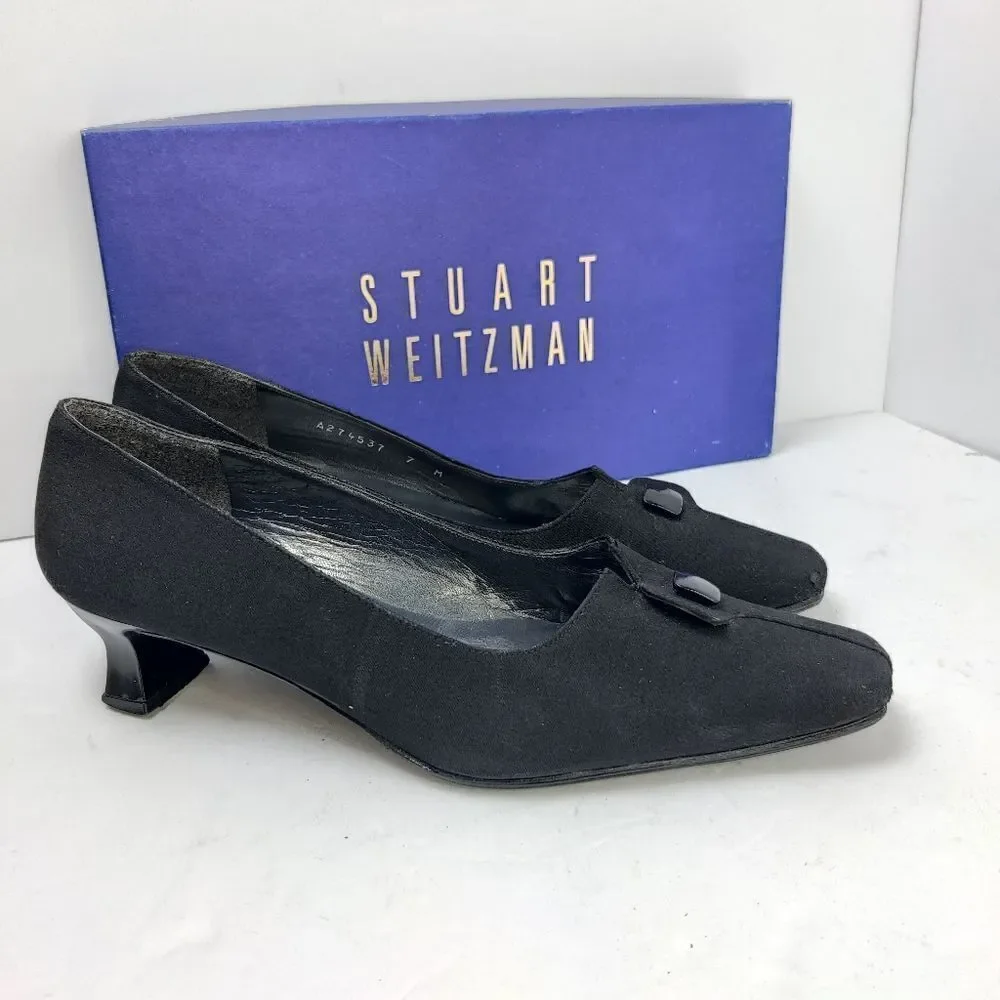 Stuart weitzman Pumps Sz 7 M Square Toe & Spool Heel Black Fabric & Leather